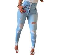 Femme Jean Skinny Taille Haute Coupe Longue Et Ample avec Boutons Déchirés(Blue,Medium)
