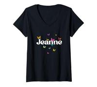 Femme Jeanne - Joli prénom de Fille avec des Papillons colorés T-Shirt avec Col en V