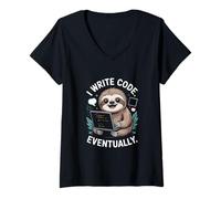 Femme J'écris du Code pour finir par Lazy Sloth Programmer Life T-Shirt avec Col en V