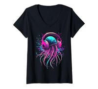 Femme Jellyfish Animal Graphic Music Casque Art Méduse T-Shirt avec Col en V