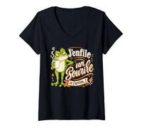 Femme J'enfile Un Sourire et j'arrive Humour de Grenouille râleur T-Shirt avec Col en V