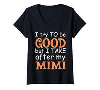 Femme J'essaie d'être bonne mais je m'en prends à ma famille Mimi Funny T-Shirt avec Col en V