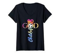 Femme Jésus 90 Ans Enfant de Dieu Football 90e Anniversaire T-Shirt avec Col en V