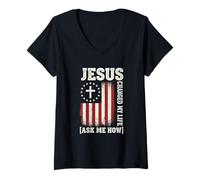 Femme Jésus a changé ma Vie, Demandez-Moi Comment, Conception de Foi Patriotique T-Shirt avec Col en V