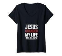Femme Jésus a changé ma Vie Demandez-Moi Comment l'Évangile T-Shirt avec Col en V