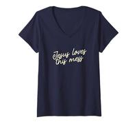 Femme Jésus Aime ce désordre Script de Foi Minimaliste drôle T-Shirt avec Col en V
