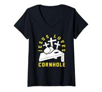 Femme Jésus Aime Le Design des Joueurs de Cornhole T-Shirt avec Col en V