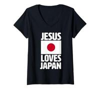 Femme Jésus Aime Le Japon | Missionnaire Chrétien | Drapeau Japonais Dieu T-Shirt avec Col en V