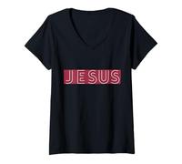 Femme Jésus avec Rectangle Rouge coloré Jésus-Christ T-Shirt avec Col en V