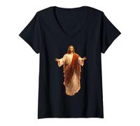 Femme Jésus-Christ à Bras Ouverts Sauveur du Monde chrétien T-Shirt avec Col en V