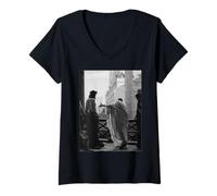 Femme Jésus Christ Arresté Ponce Pilate Peinture Biblique Noir T-Shirt avec Col en V