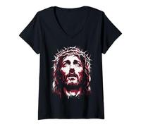 Femme Jésus-Christ Couronne D'épines, Visage du Christ T-Shirt avec Col en V
