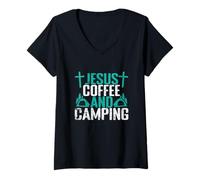 Femme Jesus Coffee et Vacances en Camping en Toute liberté T-Shirt avec Col en V