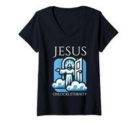 Femme Jésus déverrouille l'éternité - Foi et Salut Design T-Shirt avec Col en V