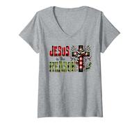 Femme Jésus est la Raison pour laquelle Les chrétiens Aiment la crèche de Noël T-Shirt avec Col en V