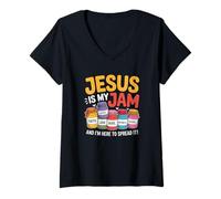 Femme Jésus est ma Confiture et Je suis Ici pour Diffuser Un Verset de la Bible chrétienne T-Shirt avec Col en V