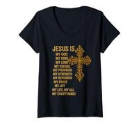 Femme Jésus est mon Dieu, mon Roi, Mon Seigneur, Mon Sauveur, Mon Refuge T-Shirt avec Col en V