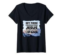 Femme Jésus est Mon fondement Solide The Rock Christian Faith T-Shirt avec Col en V