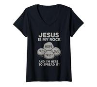 Femme Jésus Est Mon Rocher T-Shirt Chrétien Foi Bible T-Shirt avec Col en V