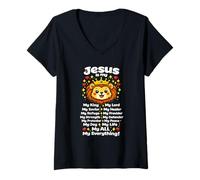 Femme Jésus est Mon Roi Lion Foi chrétienne Verset biblique T-Shirt avec Col en V