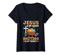 Femme Jésus est mon sauveur Le tricot est ma thérapie T-Shirt avec Col en V