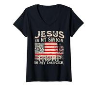 Femme Jésus est Mon Sauveur Trump est Mon Danseur QR Trump Dancing Code T-Shirt avec Col en V