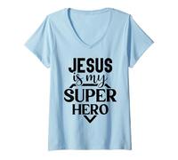 Femme Jésus est Mon Super héros, chrétiens, Hommes, Femmes, reconnaissants T-Shirt avec Col en V