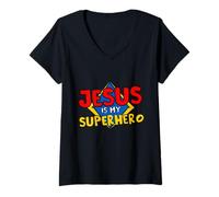 Femme Jésus est Mon Super héros, inspiré par l'esprit fidèle T-Shirt avec Col en V