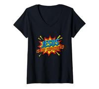 Femme Jésus est Mon Super-héros Jésus T-Shirt avec Col en V
