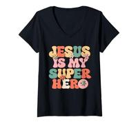Femme Jésus est mon super héros Pâques religieuse chrétienne T-Shirt avec Col en V