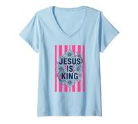 Femme Jésus est Roi Foi chrétienne Poisson Floral Religieux T-Shirt avec Col en V
