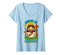 Femme Jésus est Vivant, Joli Tableau chrétien de Pâques Kawaii, il est ressuscité T-Shirt avec Col en V