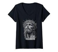 Femme Jesus Face Crown of Thorns God Bible Christian Easter T-Shirt avec Col en V