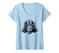 Femme Jésus Face Introspective Jésus T-Shirt avec Col en V