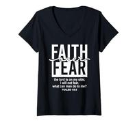 Femme Jesus Faith Over Fear Black White Psalm 118:6 Christian God T-Shirt avec Col en V