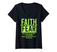 Femme Jesus Faith Over Fear Green Psalms 118:6 Christian Scripture T-Shirt avec Col en V