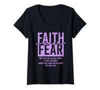 Femme Jesus Faith Over Fear Purple Psalm 118:6 Christian Scripture T-Shirt avec Col en V