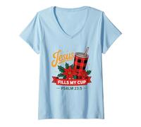 Femme Jesus Fills My Cup Psalm 23:5 Positive Faith Quote T-Shirt avec Col en V