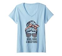 Femme Jésus Guns and Messy Buns Flag Second Amendment chrétien T-Shirt avec Col en V