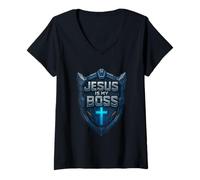 Femme Jesus is My Boss Christian Shield Super-héros T-Shirt avec Col en V