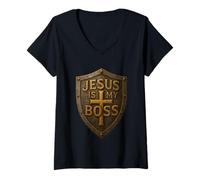 Femme Jesus is My Boss Christian Shield Super-héros T-Shirt avec Col en V