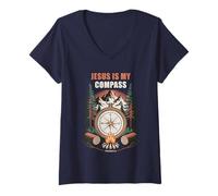 Femme Jesus is My Compass - Proverbs 3:6 Christian Faith Camping T-Shirt avec Col en V
