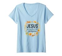 Femme Jesus is My Favorite Season Fall Wreath Watercolor T-Shirt avec Col en V