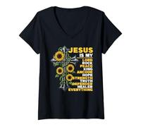 Femme Jesus is My Inspirational Citations Floral Cross Christian T-Shirt avec Col en V