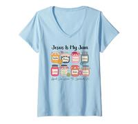 Femme Jesus is My Jam Faith Pray Blessed Hope Love Christian Citation T-Shirt avec Col en V