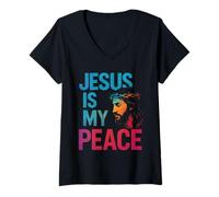 Femme Jesus is My Peace Religieux Dire La Foi Chrétienne T-Shirt avec Col en V
