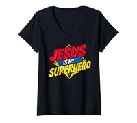 Femme Jesus is My Superhero Christian God Religieux Comics Kids Boy T-Shirt avec Col en V