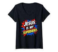Femme Jesus is My Superhero Christian God Religious Comic Kids Boy T-Shirt avec Col en V