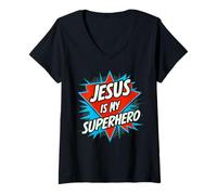 Femme Jesus is My Superhero Christian God Religious Comic Kids Boy T-Shirt avec Col en V