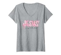 Femme Jesus is My Valentine Nœud en Patchwork Motif cœur chrétien T-Shirt avec Col en V